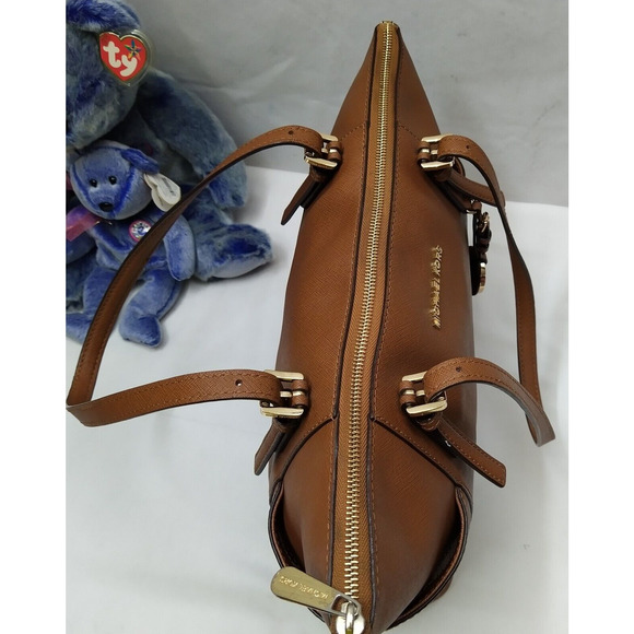 Michael Kors Jet Set Brown Crossgrain Leather Pockets Zipper Tote Shoulder Bag - Picture 8 of 16